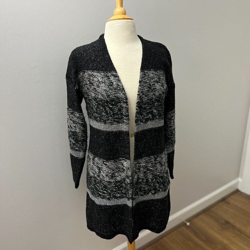 Chico's Open Front Cardigan Sweater Black Gray Sliver Stripe Wool Sz 1 (8)